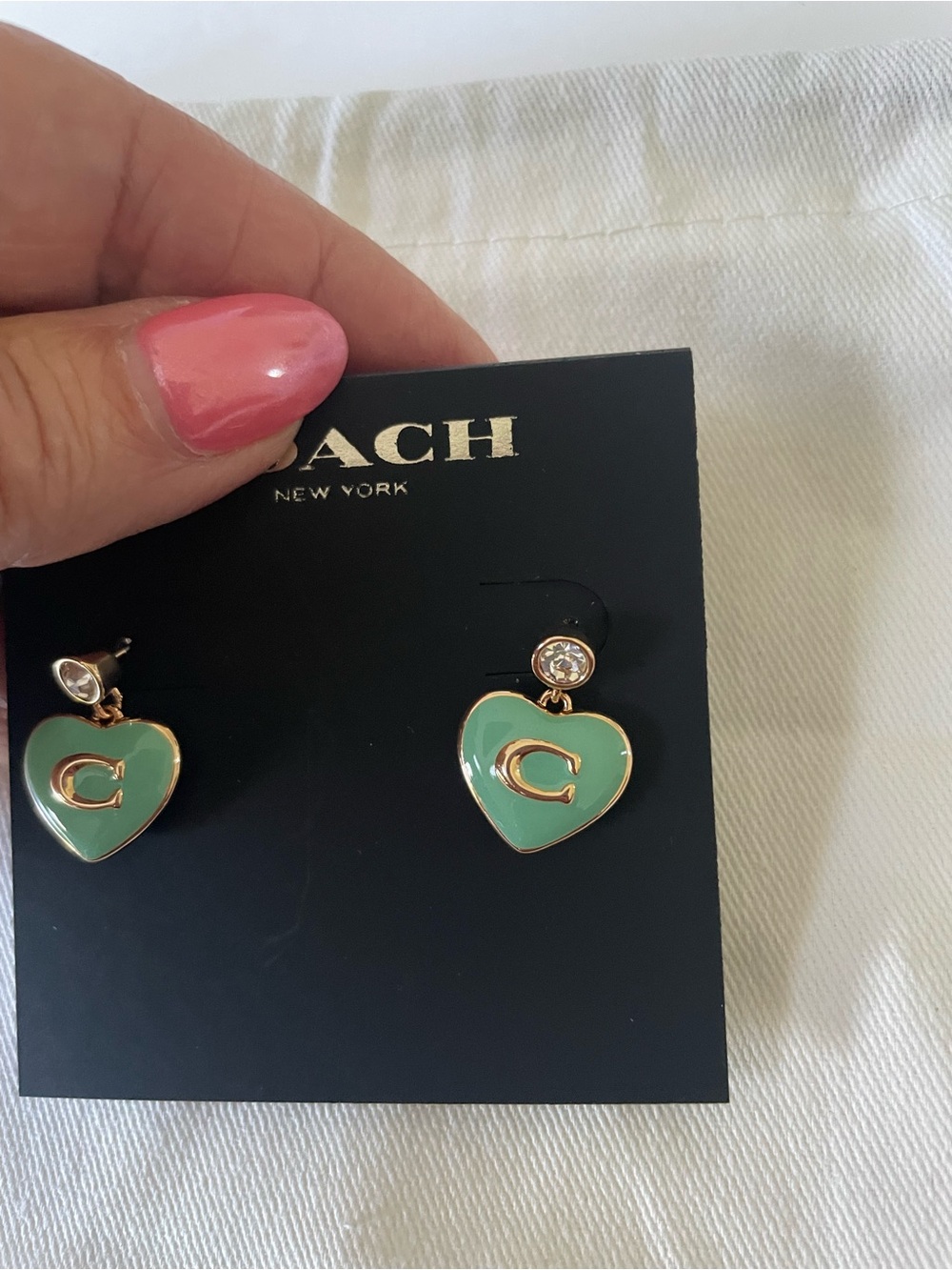 Coach Mint Green Heart Drop Earrings with Gold 'C' and Crystal Studs - Picture 2 of 4